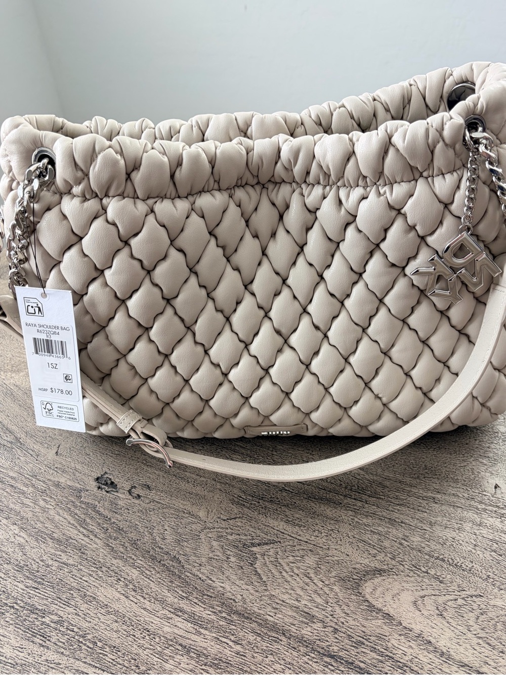 DKNY Raya Quilted Shoulder Bag NWT Light Taupe with Silver Hardware